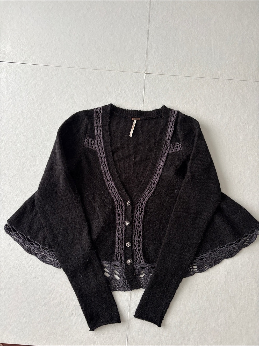 Free People Black Women's V-Neck Crochet Trim Cardigan Sweater